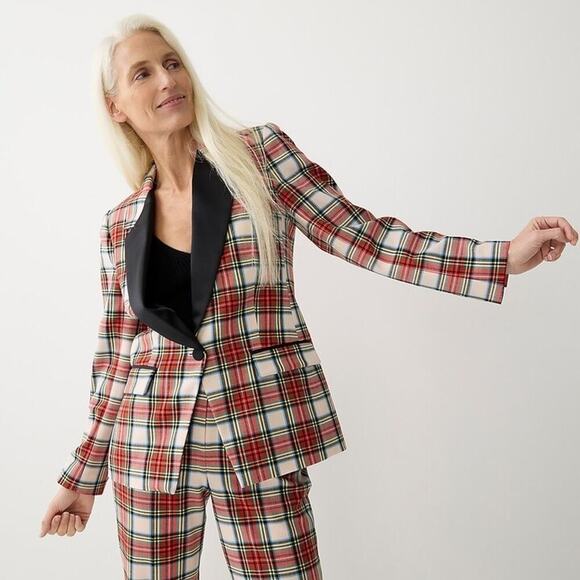 J. Crew Willa Blazer Jacket in Snowy Tartan Plaid Wool Blend Satin Lapel size 16 - Picture 2 of 14